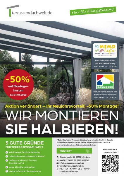 Aktion in Januar halbe Montagekosten beim Kauf einer Terrassenüberdachung